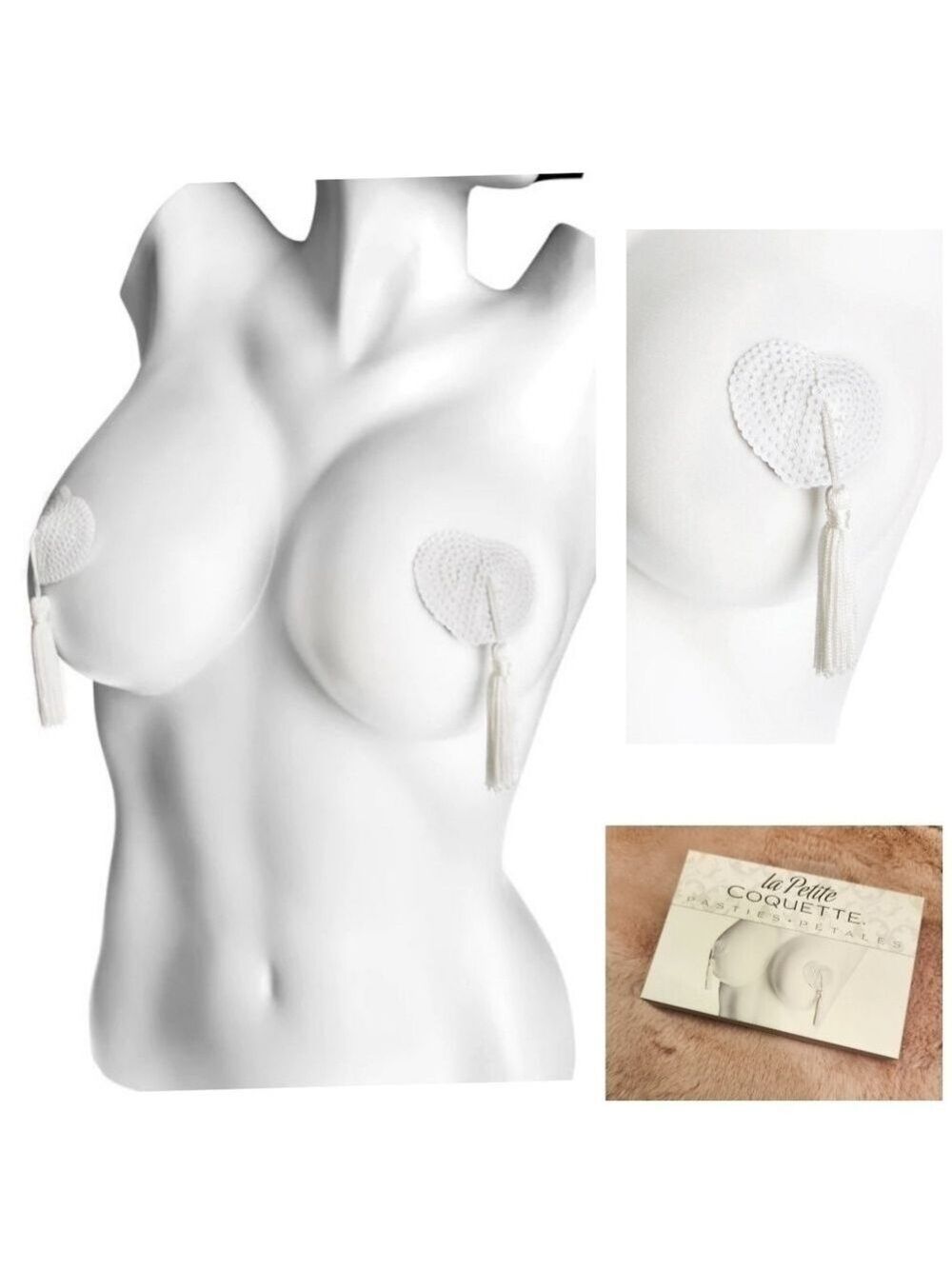 Coquette Heart Shaped Pasties with Tassel in White, O/S, NIB